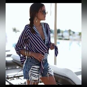 Zara Red, White, Blue Striped Long Sleeve Tie Front Bodysuit Size Small